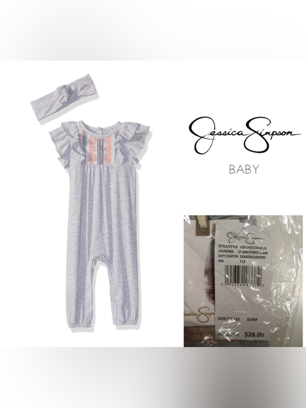 🆕JESSICA SIMPSON BABY - 3/6M - NWT - 2PC GREY JUMPSUIT AND HEADBAND